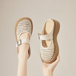 [Free Shipping] WomenS Thick-Soled Open-Toe Half-Slipper Sandals For Outdoor Wear 2026 Summer New Style Woven With Hollow Design And Featuring A Hook-And-Loop Closure For Easy Wear