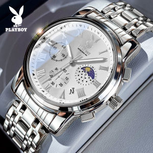 PLAYBOY watch for men waterproof 2024 new original imported date luminous roman dial design stainless steel strap jam tanggan lelaki【Send premium box】