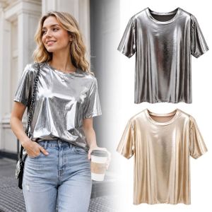 SIMPLETEN Bright Silk T-shirt Summer Shiny Short Sleeve Tshirt Fashion Retro Show Costumes for Women
