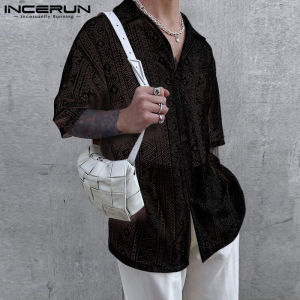 Medussa INCERUN Men Casual Baggy Party Short Sleeve See Through Lace Shirt Button Down Tops (Western Style)