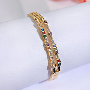 SEQUITO New Arrival Ladies Costume Jewellery Gold Plated Pave Colorful AAA Zirconia Double Chain Hollow Bracelet Jewelry for Daily Party B346