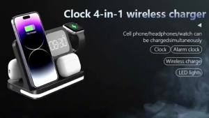 4 in 1 Charger Alarm Clock Stand Multi-functional Wireless Fast Charging Station with Three-Level Adjustable LED Light for Phone