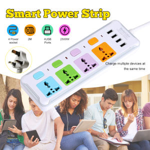 Power Strip with 4 AC Sockets + 4 USB Ports Charger Universal Power Socket Multi -Function Power Strip with Independent Switch Charger Adapter Home Charger With 2M Cord 通用插座
