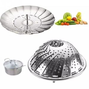 Stainless Steel Folding Steamer/ Steam Vegetable Basket Mesh Expandable Cooker/ Steamer Rack/ Multi-function Retractable Drain Pan Fruit Steamer Basket