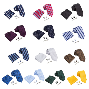 Men Classical Tie Set with Pocket Square and Cufflink Tie Clip for Business Formal Occasion Neckwear Wedding Accessory
