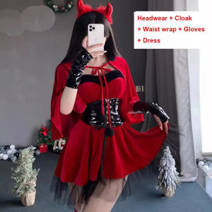 Womens Winter Red Dress Maid Uniform Mrs. Claus Santa Costume Christmas Dress With Hooded Cape Lady Cosplay Suit Nightwear