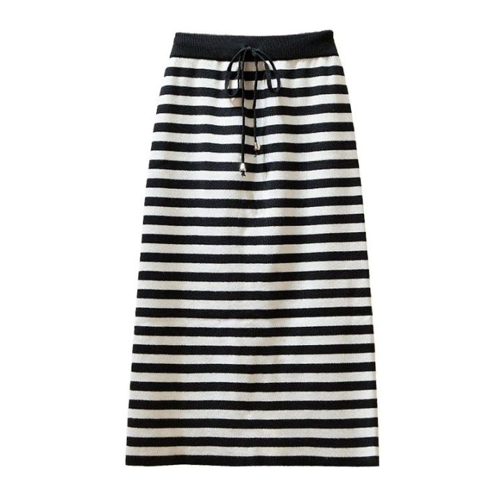 Elastic Waist Black and White Striped Knitted Half-body Skirt Female Fall  and Winter Korean Version of The Fashionable Tie Belt Open Package Hip  Skirt