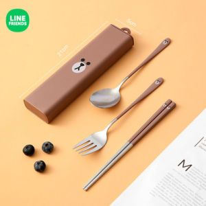 3 IN 1 Line Friends Portable Chopsticks Spoons Forks Three Piece Suit With Cutlery Box Office Woker Student Stainless Steel Tableware Lunch Match