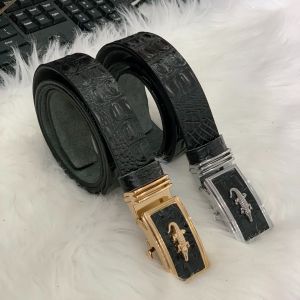 Thắt Lưng Da Bò Nguyên Miếng Cao Cấp Dập 1 Lớp Vân Cá Sấu Khóa Tự Động Màu Đen