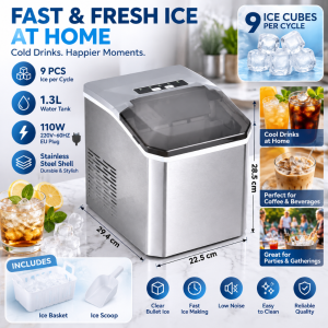 SHANBEN  15KG/24H Antibacterial Automatic Ice Maker for Home Kitchen Adjustable Ice Thickness Free Ice Basket and Ice Pick Included