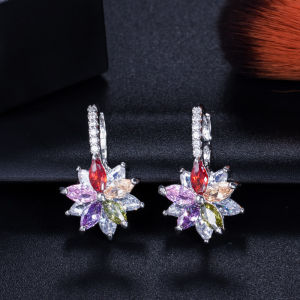 SEQUITO Delicate Women Silver Color Jewelry Pave Setting Marquise Cut Colourful AAA Cubic Zirconia Flower Shape Hoop Small Earrings for Daily Party SE724