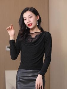 AMMIN 2025 Autumn New Shiny Long Sleeve Sweet Embroidery Crochet Hollow Lace Patchwork V-Neck Long Sleeve Stretch T-Shirt for Women Korean Style Casual Elegant Blouse