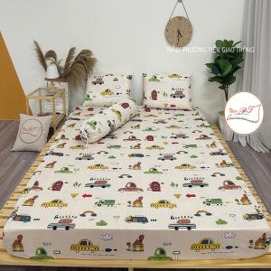 Bộ Ga Chống Thấm Cho Bé Kèm Vỏ Gối Chống Thấm PT Chất Liệu Thun Lụa Organic Cao Cấp Mềm Mịn Mát (Mẫu PT Giao Thông)