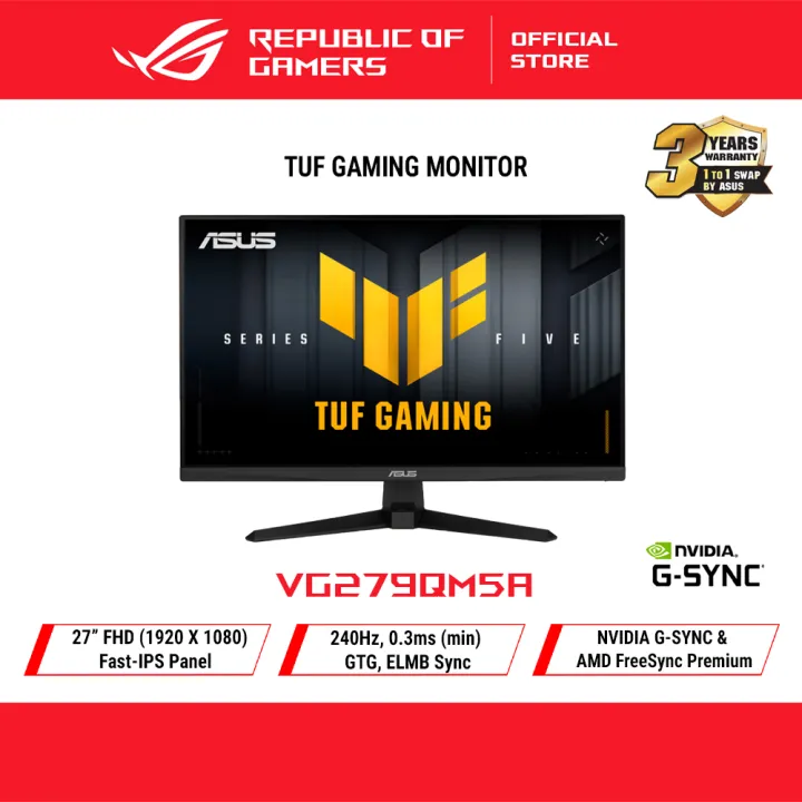 TUF Gaming Series 5 - VG279QM5A Gaming Monitor – 27-inch Full HD Fast-IPS panel, 240Hz, 0.3ms , G-SYNC® compatible, AMD FreeSync™ Premium, ELMB SYNC, 99% sRGB,