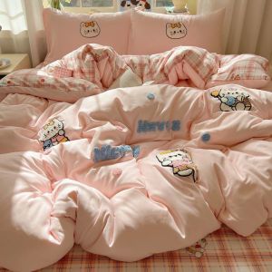 Super Soft Cute Cartoon Towel Embroidered Four-Piece Set Solid Color Washed Cotton Simple Student Duvet Cover Bed Sheet Three-Piece Set LZD