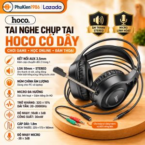 Tai nghe chụp tai Hoco chính hãng chuyên dụng có míc dành cho điện thoại và máy tính 1 cổng 3.5 có mic thoại âm thanh cực hay (SIÊU BỀN )
