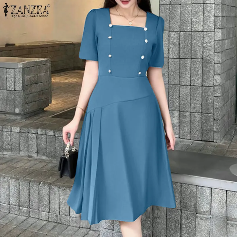 Cocktail Knee Length Sleeve Dresses ZANZEA Korean Style Women