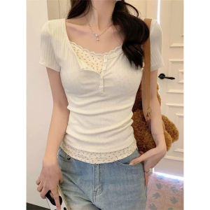 【High Quality🇲🇾】 Short sleeve T-shirt fake two pieces of base floral lace patchwork slim fit美式纯欲新款碎花假两件夏季辣妹上衣- H0S1/H0L1