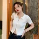 ZD Spring New Double Zipper Top Women's Knitted Cardigan Short Slim Fit Jacket T-Shirt Blue Short Sleeve. 