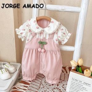 Summer Baby Girls Thin Rompers Lace Peter Pan Collar Puff Sleeve Cute Strawberry Print Jumpsuit Newborn Birthday Clothes E242562026