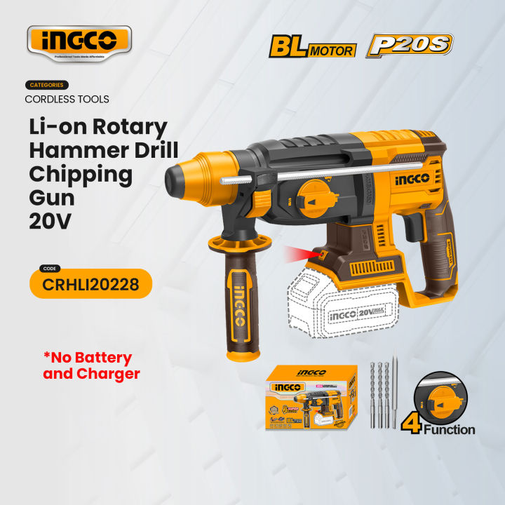 INGCO Lithium-Ion Cordless Rotary Hammer Drill Chipping Gun with Chisel ...