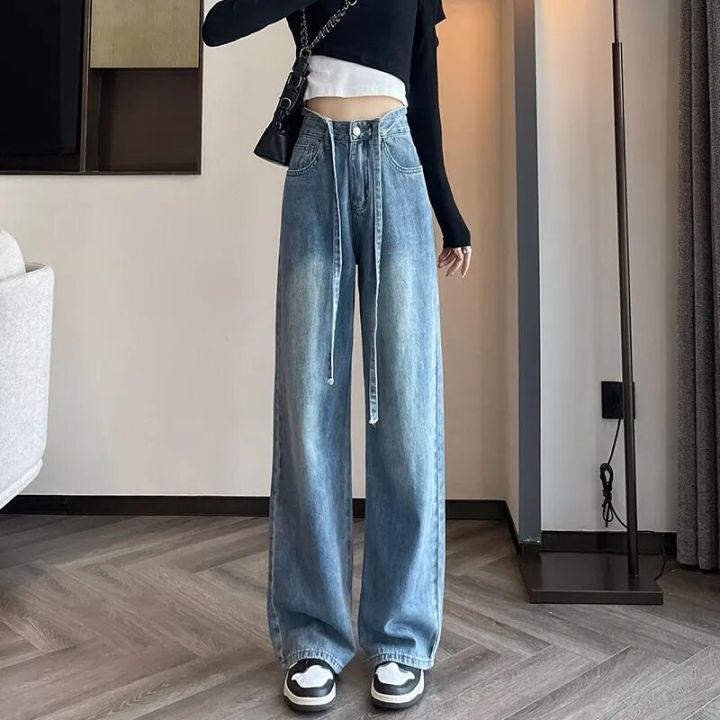 Korean High Waist Wide Leg Jeans Women Lace-up Blue Denim Trousers
