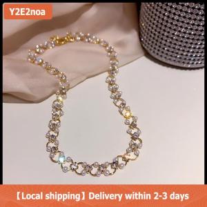 【Local shipping】 New Hàn Quốc thời trang đơn giản cá tính Vòng cổ dát rhinestone vòng cổ ngọc trai Choker Vòng cổ của phụ nữ bên trang sức tinh tế Quà Tặng