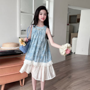Elegant Kids Girl Blue Jacquard Fabric Dress Bohemian Summer Beach Clothing Children Vintage Double Layer A-line Dresses 5-14 Y h260702