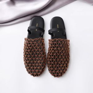 [Free Shipping] Unique Fishnet Woven Hollow Roman Sandals For Women New Summer Style Fisherman Flat Round-Toe Closed-Toe Mules