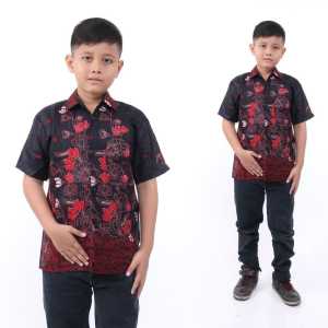 Baju Batik Couple Keluarga Ayah Ibu Dan Anak Laki-Laki Seragam Batik Motif Sakura Merah Kemeja Batik Ayah Dan Anak Cowok Lengan Pendek Terlaris