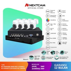 Nextcam paket lengkap cctv 4 channel ipcam tinggal pasang tanpa setting poe nvr 5MP up to 16channel kamera poe 4unit 3MP bisa berwarna bisa berbicara dan mendengar komunikasi 2 arah bisa alarm bisa putar Langsung colok ON Tipe NCPOE953N4