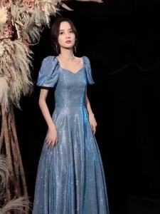 Evening Dress New Blue Long Sequin Bridesmaid Temperament Dress Banquet Dress【132cm】㏇X0412