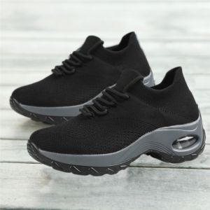 Korean Style Comfort Slip On Sports Sneakers For Women Laces Breathable Thick Sole Casual Black Rubber Shoes For Women On Sale