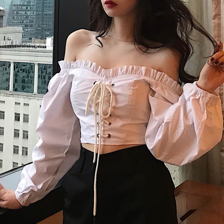 Vintage Off Shoulder Puff Sleeve Crop Top Summer Tie Up Ruffle Midriff  Blouse Lazada PH