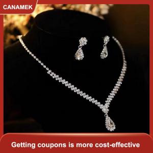 【CANAMEK】 1 Bộ Vòng cổ cô dâu bông tai nước hình giọt nước Rhinestone đồ trang sức phong cách Đồ trang sức lấp lánh thiết lập cho đám cưới bên món quà