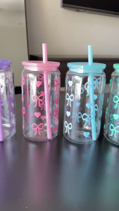 16oz Plastic Travel Cup Straw Lid Decorative Bownot Outdoor Kitchen Water Drinking Cups