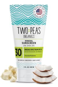 Two Peas Organics Mineral Sunscreen SPF 30 Lotion Non-Nano Zinc Reef Safe Baby & Family Sensitive Skin Water-Resistant 80 Min Unscented Organic & Cruelty Free 3 oz Single pack