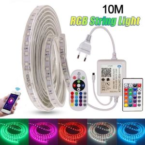 Lampu Jalur LED Powdeom 10M/15M/20M/30M 5050 220V Kalis Air Lampu Jalur RGB Lampu Reben Untuk Hiasan Bilik Tidur Atau Kedai Tahan Lama Kawalan Jauh APP