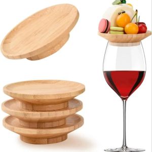 MNTT 4Pcs Creative Wine Glass Topper Handmade Leakproof Wine Glass Tray Gourmet Tray Anti-Splash Holder Wooden Red Wine Lid Bar Supplies