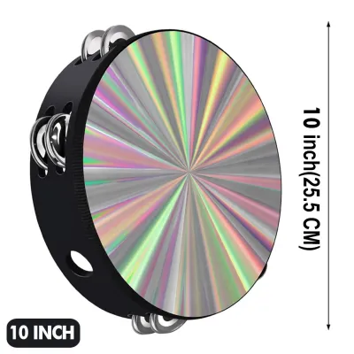 10 Inch Wooden Radiant Tambourine Handbell Hand Drum with Double Row Jingles Reflective Drum Head Musical Instrument