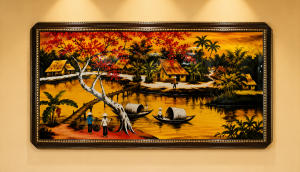 ( Tặng kèm khung) Tranh sơn mài - ĐỒNG QUÊ VIỆT NAM - Nền dát vàng size 80x160 cm