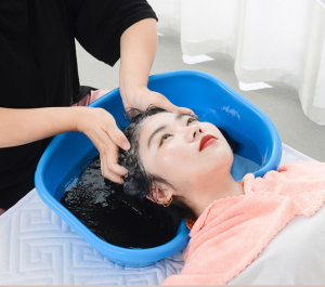 อ่างสระผมพกพาพร้อมแผ่นยางรองคอและหูหิ้ว กันลื่น สำหรับผู้ป่วย ผู้สูงอายุ สตรีมีครรภ