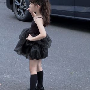 Little DR Dress Kids Girls Black Sling Fluffy Skirts Princess Mesh Korean Children Baby Slip Dress 2024 INS Birthday Party Clothes Summer Casual 10 Years Tops