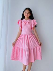 LC Jessy Ruffle Midi Dress for Kids Fashionable Classy Elegant Ribbon Casual Formal OOTD Dress Ages 8 to 12 Year Old Stretchable Bark Crepe Fabric Unique Stylish Design