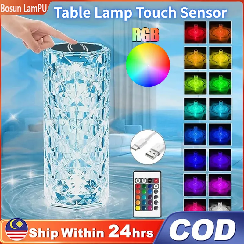 Rose Dimmable Table Lamp USB LED Touch Crystal Night Light Romantic Diamond Atmosphere Light 16 Colors RGB Crystal with Remote Control