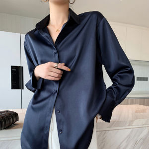 Alisa.Sonya Classic Office Women Shirts Elegant Blouse Satin Long Sleeves Fashion Button Up Lapel Collar Loose Fit Top Silky Blouse For Women