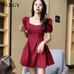 IELGY Womens temperament square neck waist A-line short sleeve dress