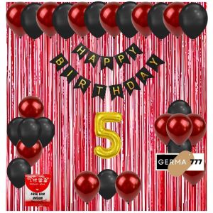 Paket Set Dekorasi Backdrop Pesta Balon Ulang Tahun Anak Banner Happy Birthday Tirai Merah Simple