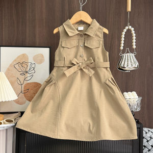 Menoea bé của cô gái bảo hộ lao động Đầm phong cách mùa hè phiên bản Hàn Quốc kaki không tay mặc giản dị váy với vành đai 2-7 năm quần áo trẻ em trang phục