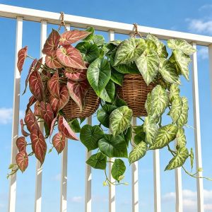 NOBLELUX Wall-mounted Fake Hanging Plants Real Touch Handmade Simulation Epipremnum Plant Green Plastic Leaves Artificial Green Plants Yard Garden Decors